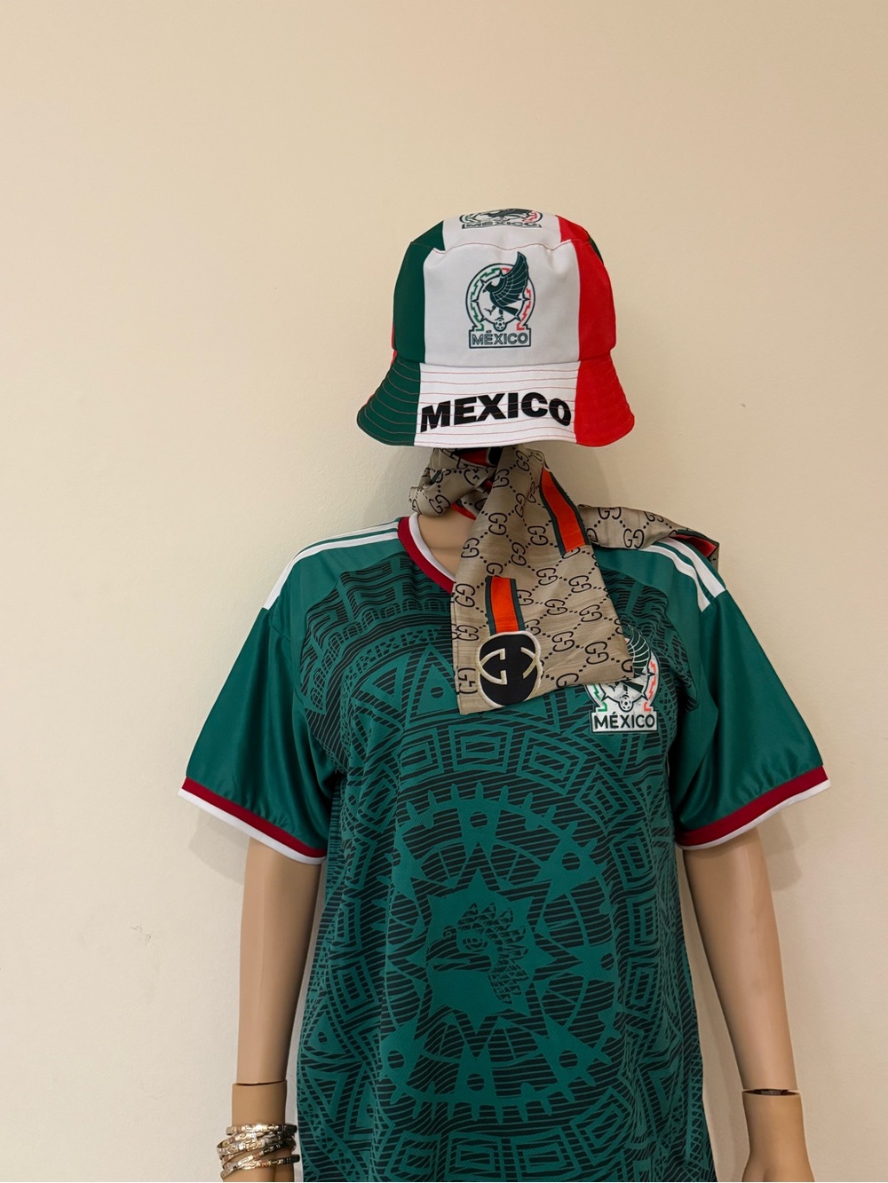 Mexico Tricolor Bucket Hat & Green Mexico Soccer Jersey